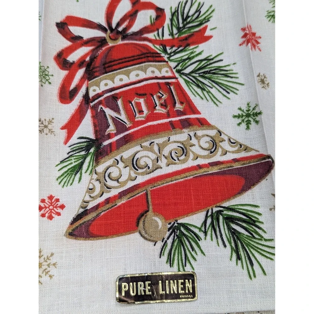 Vintage Pure Linen Christmas Tea Towel Red Bells Holiday Kitchen Decor